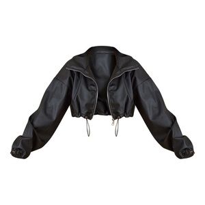 Black Basic Ruched Hem Cropped Faux Leather Jacket (NWT) XS